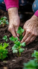 Naklejka premium A woman is planting a seedling in the dirt