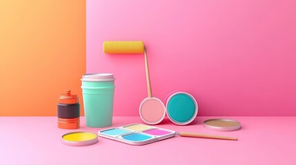 Pink studio, paint roller, colors, palette, cans, background