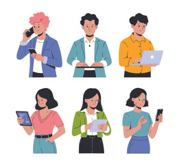 Fototapeta premium People with devices set. Female and male characters use smartphone, laptop, tablet and making phone call, surfing the internet, browsing in social media. Business doodle concept. Vector illustration