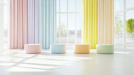 Bright and Colorful Modern Lounge Area with Soft Seating and Flowing Curtain Drapes