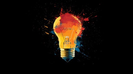Colorful lightbulb exploding with paint splash on black background, idea concept