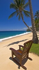 Beach chair, ocean view, relaxing under palm tree. Tropical sandy coast on sunny day