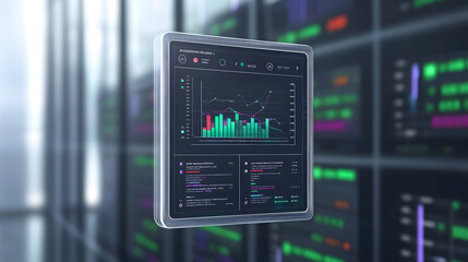 Business analytics chart icon floating above data dashboard in modern office environment