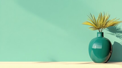 Teal vase with palm leaves on a light beige shelf against a mint green wall