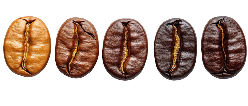 Close-up of various coffee beans showcasing different roast levels against a plain background