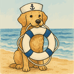 Sitting Dog Holding Lifebuoy on Beach Wearing Sailor Hat