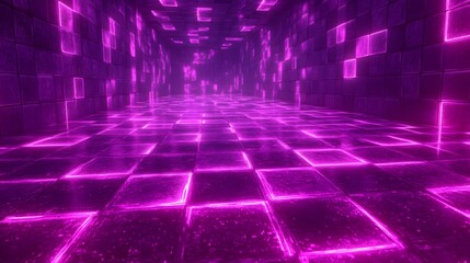 A futuristic purple lit hallway with square tiles and lights