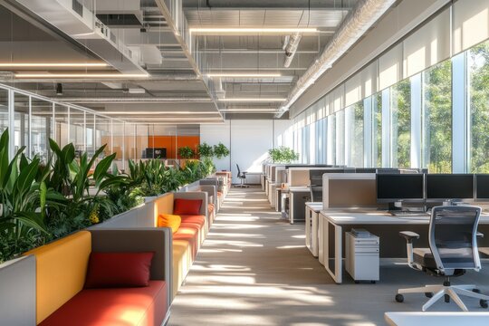 A collaborative workspace with flexible seating, modular workstations, bright natural lighting, integrated acoustic panels, inclusive design ensuring easy navigation for all users