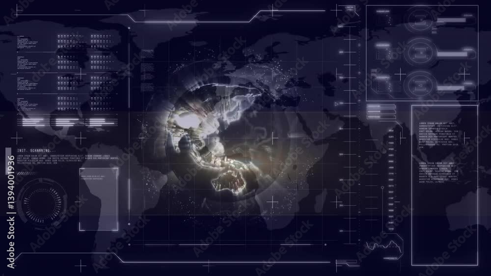 Poster animation of futuristic digital interface with world map and data elements