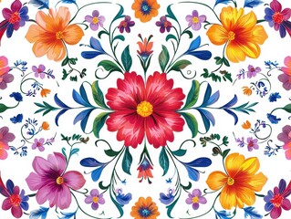 Floral pattern art featuring vibrant red, orange, yellow, and purple flowers on a white backdrop, perfect for decorative designs.
