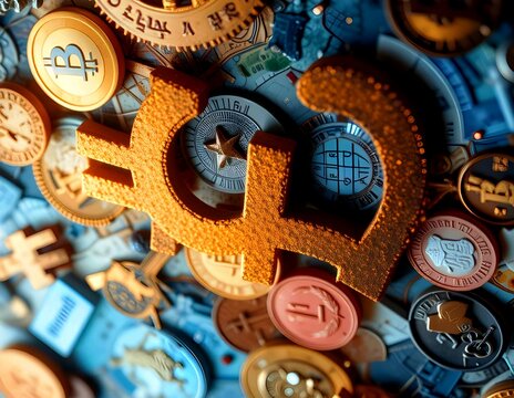 cryptocurrency currency symbol, digital currency with golden color combination, dollar and euro