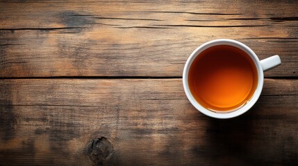 Obraz premium Overhead view of teacup on rustic wood, background blurred, for menu design