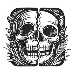 Obraz premium Intricate Black and White Design of Split Skull with Leaves
