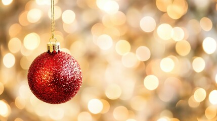 A bright red glittery ornament hangs from a gold string against a warm glow of lights, creating a festive holiday vibe