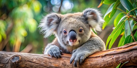 Fototapeta premium A close-up image of a cute koala resting on a eucalyptus tree branch, koala, Australian, wildlife, marsupial, fluffy, adorable, tree