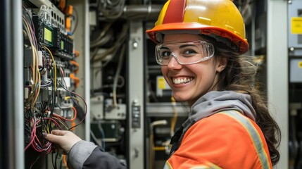 A close-up of an electrical engineer hands adjusting cables inside a control box