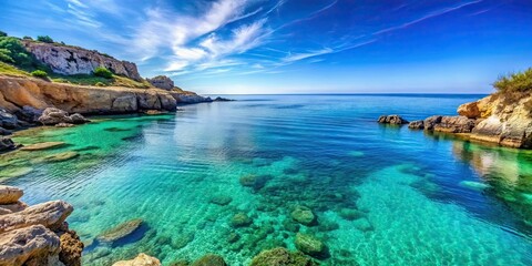 Obraz premium Serene coastal view with clear waters and rocky cliffs under a bright blue sky, calm, tranquil, coast, ocean, rocks, cliffs