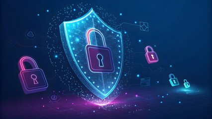 High-tech cybersecurity concept featuring a digital shield, glowing lock icons, and floating data particles. Perfect for cybersecurity products, digital protection campaigns.