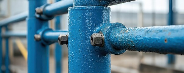 Close-Up View of Blue Metal Pipe with Rusty Bolt and Nut in Industrial Setting