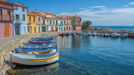 Obraz premium Colorful fishing boats dock, Mediterranean village, sunny day, clear water, travel postcard