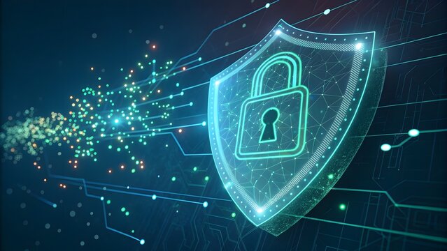 High-tech cybersecurity concept featuring a digital shield, glowing lock icons, and floating data particles. Perfect for cybersecurity products, digital protection campaigns.