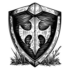 Vintage Heraldic Shield Design with Cross Motif and Grass Elements
