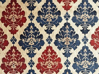 Fototapeta premium Detailed ornate damask pattern in deep red and blue tones. Textile background with old European royal motif on pale ivory surface.