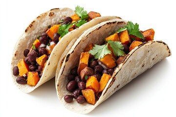 A realistic photo of Sweet Potato and Black Bean Tacos, hyper-realistic, isolated on white