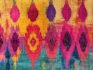 Abstract textile design with vibrant, overlapping teardrop shapes in a palette of pink, yellow, and blue, creating a visual texture.