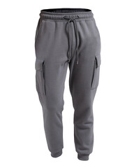 Men's grey long jogger pants with ghost model style isolated in transparent background