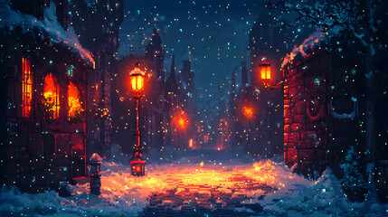 Fototapeta premium Pixelated Snowy Street Scene at Night with Glowing Street Lamps and Cobblestone Path Amidst Winter Season in an Urban Setting