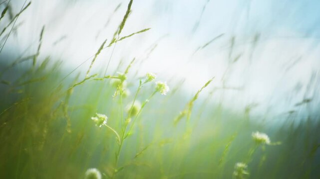 Wild green grass in the mountains at sunset. Plants swaying in the light wind. Abstract summer nature background. Selective focus
