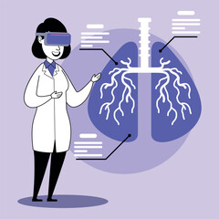 Doctor in lab coat utilizing virtual reality technology to explain lung anatomy and function. Modern approach to medical education and patient engagement concept
