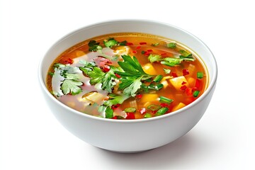 A realistic photo of Hot and Sour Soup, hyper-realistic, isolated on white
