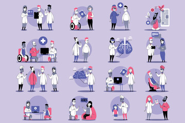 Fototapeta premium Collection of various healthcare scenarios featuring doctors interacting with patients, using technology, and conducting medical exams in vibrant and engaging environment