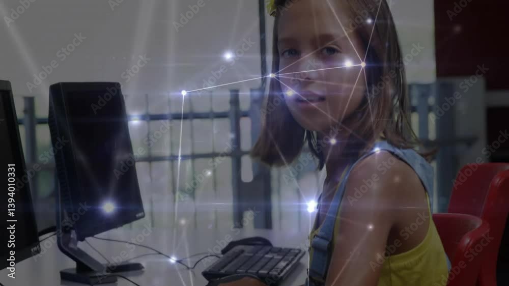 Poster young girl at computer with network connections and data processing animation