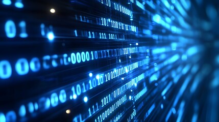 A futuristic digital representation of binary code in blue light