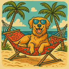 Dog Relaxing in Hammock on Beach with Palm Trees Illustration