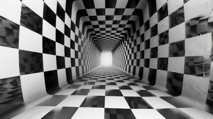 Naklejka premium A surreal tunnel with a checkered pattern leading to a bright light.