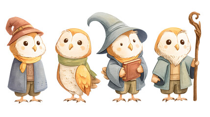 Fototapeta premium Adorable Cartoon Owls in Wizard Attire Watercolor Illustration