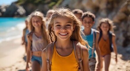 Happy and diverse siblings walking together on a sunny beach, representing unity, family bond, mixed ages and ethnicities, Siblings Day celebration, lifestyle and shared journey
