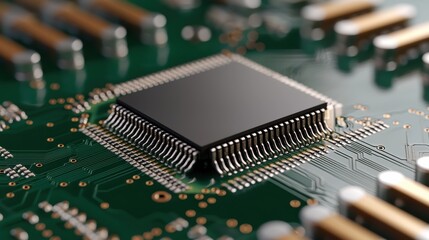 Obraz premium Close-Up View of a Microchip on a Green Circuit Board with Intricate Patterns and Connections