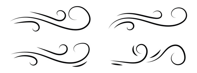 Wind linear sketch set, wind blow line icon. Isolated vector illustration. Wind motion, air blow, swirl elements. Air blow motion, smoke flow art, windy weather symbol, abstract curved line in eps 10.