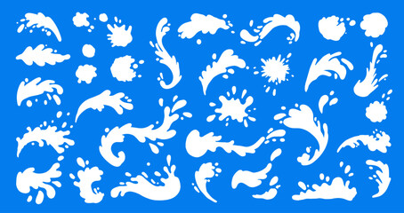 Vector set of white splash shapes and water splash effects on a bright blue background, including drops, waves, and fluid motion elements in various styles