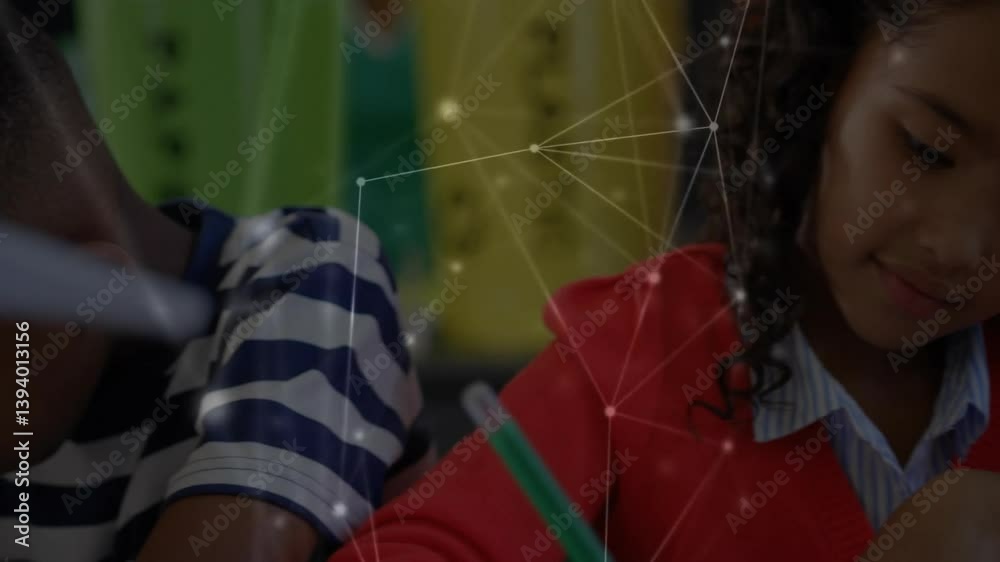 Poster children studying with network connections animation overlay in classroom setting