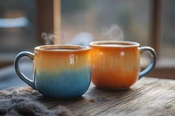 Two matching mugs with steaming coffee or tea on cozy home table, captured in still life to symbolize sibling companionship, warm connection, and shared moments on Siblings Day
