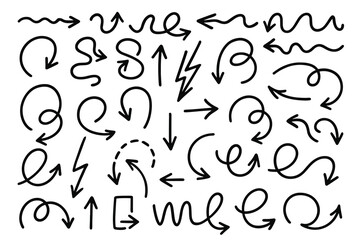 Collection of hand-drawn vector arrows in various curved, spiral, zigzag, and loop styles on a white background, ideal for creative design and presentation elements