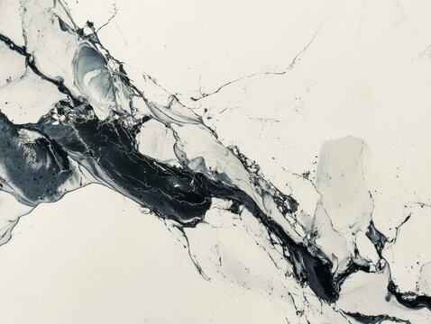 Monochrome abstract art features fluid dynamics of dark gray swirling and contrasting with stark white, evoking a sense of natural movement.