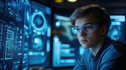 Future coder: Focused teenager with augmented reality glasses programming interface