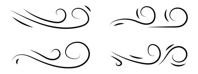 Wind linear sketch set, wind blow line icon. Isolated vector illustration. Wind motion, air blow, swirl elements. Air blow motion, smoke flow art, windy weather symbol, abstract curved line in eps 10.